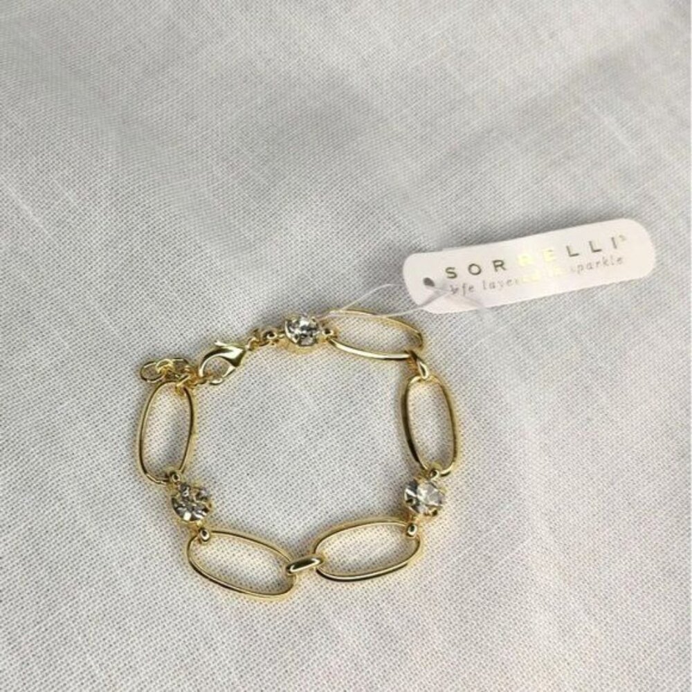 SORRELLI Paige Crystal Tennis Bracelet Gold Plated Chain Link Paperclick - Picture 2 of 6